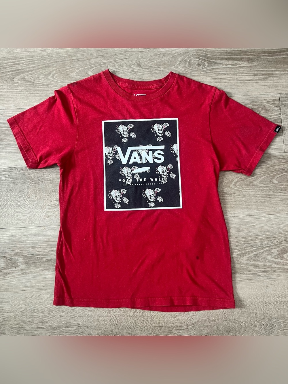Vans Red Tee with Black & White Skull Graphic